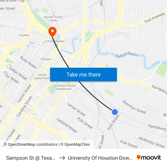 Sampson St @ Texas Ave to University Of Houston-Downtown map