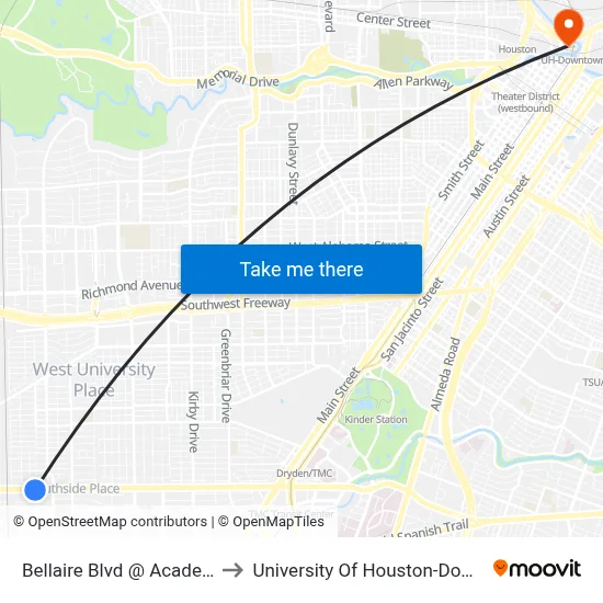Bellaire Blvd @ Academy St to University Of Houston-Downtown map