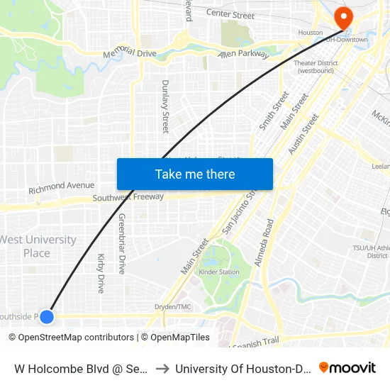 W Holcombe Blvd @ Sewanee St to University Of Houston-Downtown map