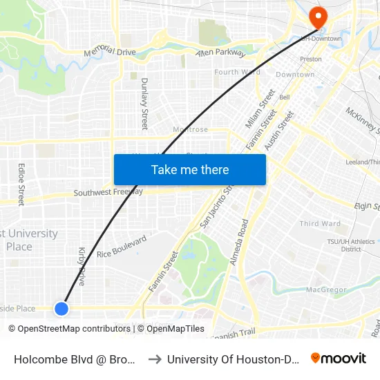 Holcombe Blvd @ Brompton St to University Of Houston-Downtown map