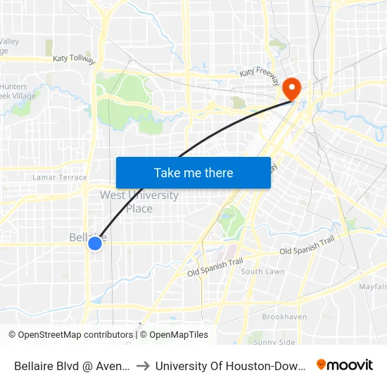 Bellaire Blvd @ Avenue B to University Of Houston-Downtown map