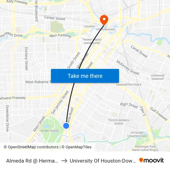 Almeda Rd @ Hermann Dr to University Of Houston-Downtown map