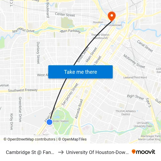 Cambridge St @ Fannin St to University Of Houston-Downtown map