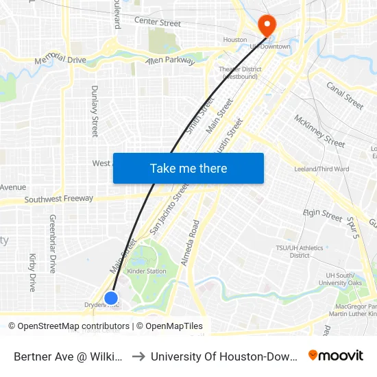 Bertner Ave @ Wilkins St to University Of Houston-Downtown map