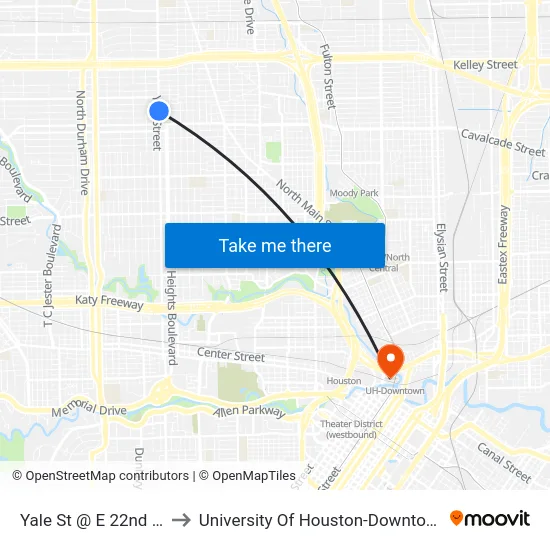 Yale St @ E 22nd St to University Of Houston-Downtown map