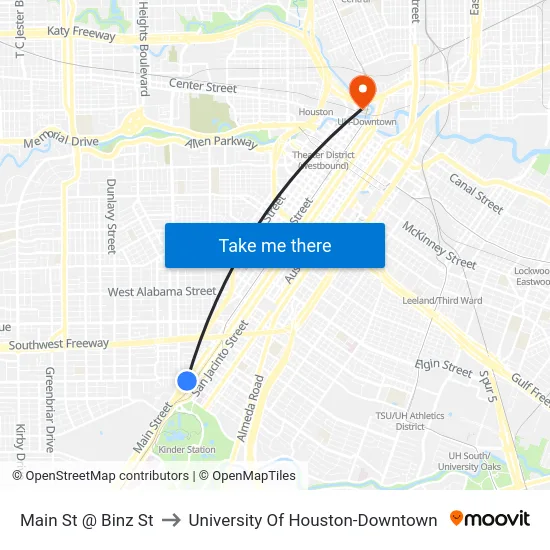Main St @ Binz St to University Of Houston-Downtown map