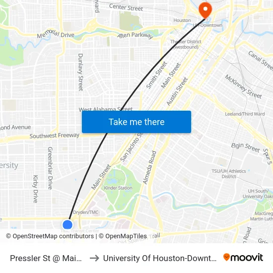 Pressler St @ Main St to University Of Houston-Downtown map