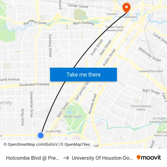 Holcombe Blvd @ Pressler St to University Of Houston-Downtown map