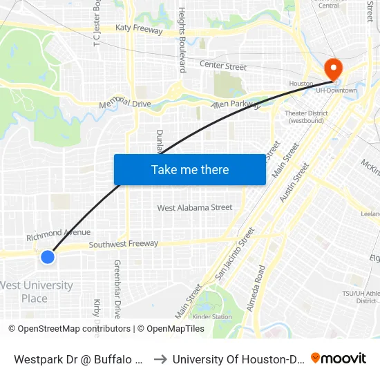 Westpark Dr @ Buffalo Speedway to University Of Houston-Downtown map