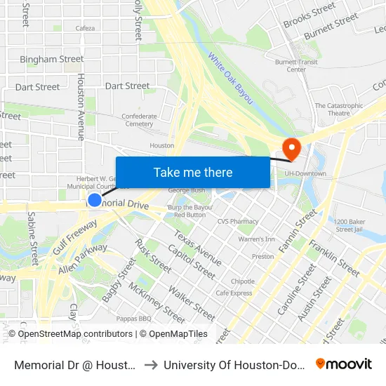 Memorial Dr @ Houston Ave to University Of Houston-Downtown map