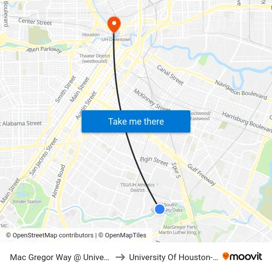 Mac Gregor Way @ University Oaks Bl to University Of Houston-Downtown map