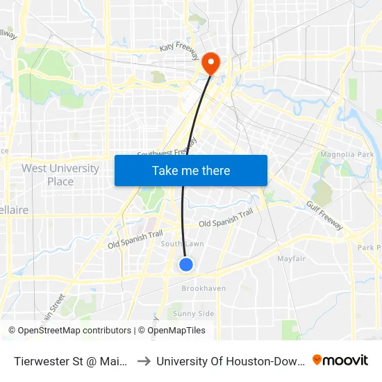 Tierwester St @ Mainer St to University Of Houston-Downtown map