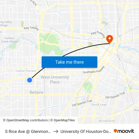 S Rice Ave @ Glenmont Dr MB to University Of Houston-Downtown map