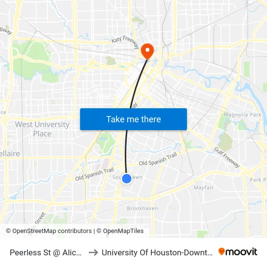 Peerless St @ Alice St to University Of Houston-Downtown map