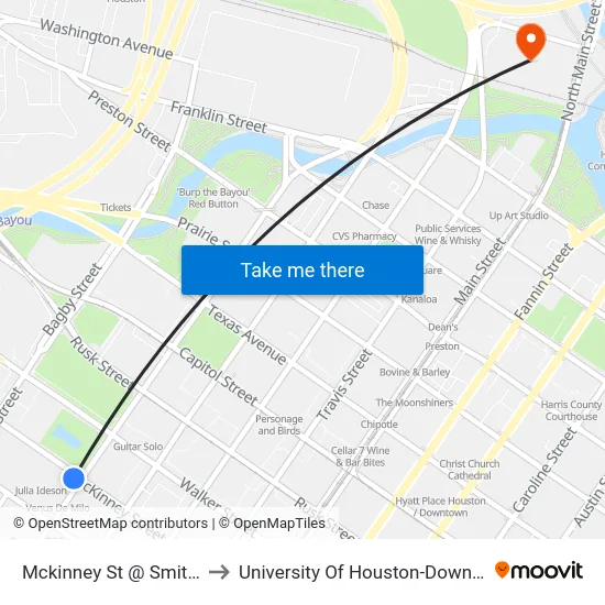 Mckinney St @ Smith St to University Of Houston-Downtown map