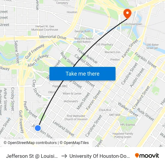 Jefferson St @ Louisiana St to University Of Houston-Downtown map