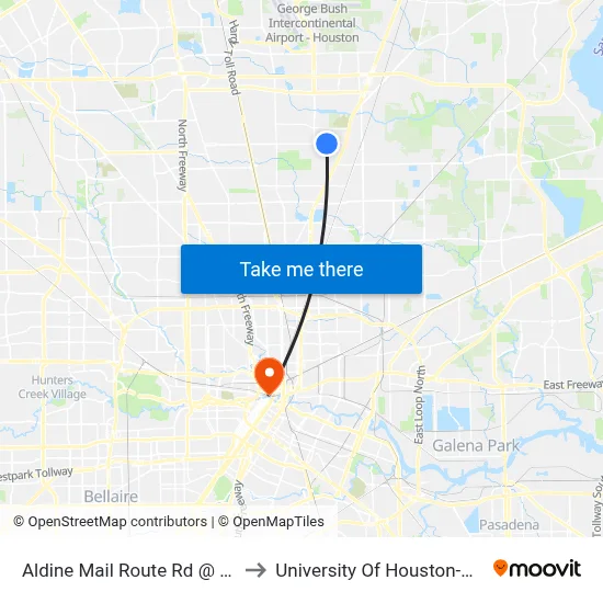 Aldine Mail Route Rd @ Vickery Dr to University Of Houston-Downtown map