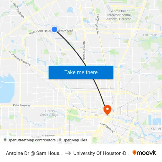 Antoine Dr @ Sam Houston Pkwy to University Of Houston-Downtown map
