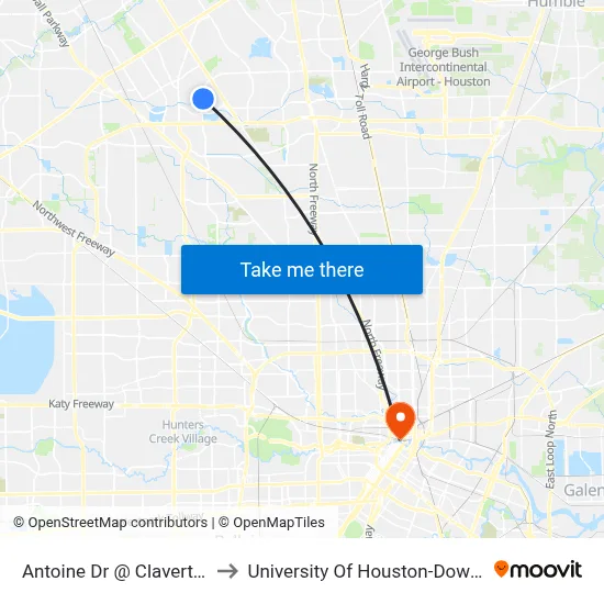 Antoine Dr @ Claverton Dr to University Of Houston-Downtown map