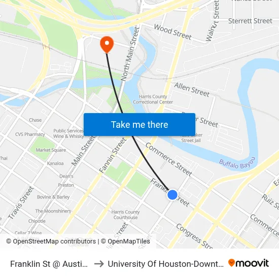 Franklin St @ Austin St to University Of Houston-Downtown map