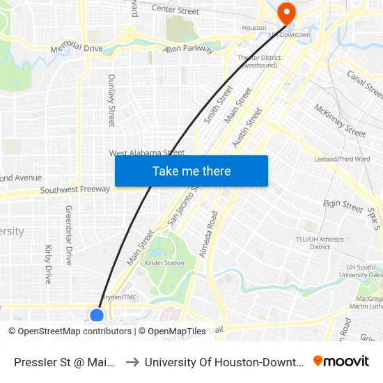 Pressler St @ Main St to University Of Houston-Downtown map