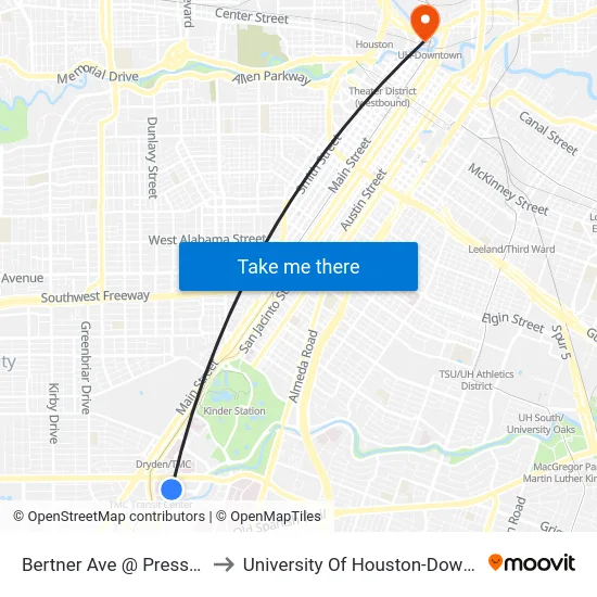 Bertner Ave @ Pressler St to University Of Houston-Downtown map