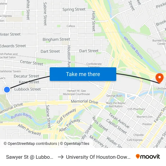 Sawyer St @ Lubbock St to University Of Houston-Downtown map