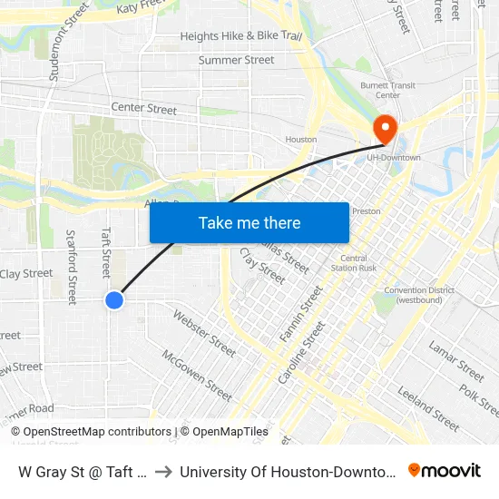 W Gray St @ Taft St to University Of Houston-Downtown map