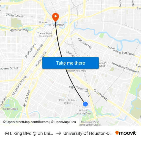 M L King Blvd @ Uh University Dr to University Of Houston-Downtown map