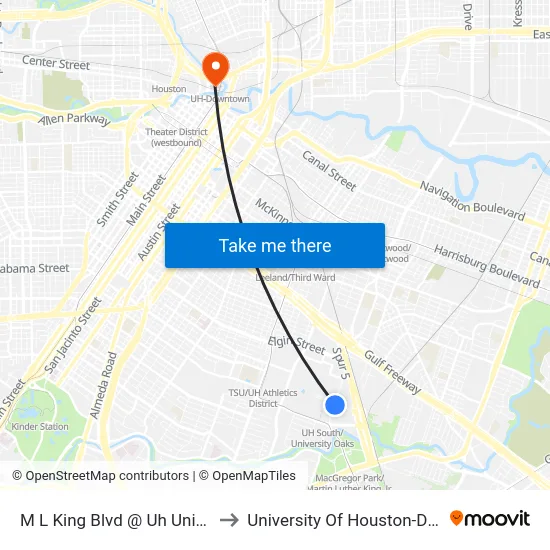 M L King Blvd @ Uh University Dr to University Of Houston-Downtown map