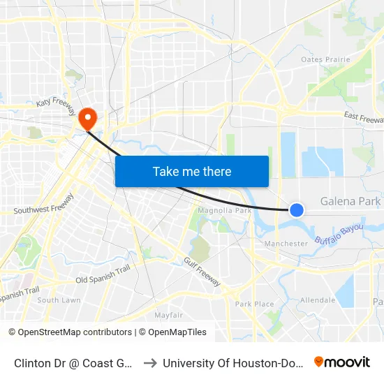 Clinton Dr @ Coast Guard Dr to University Of Houston-Downtown map