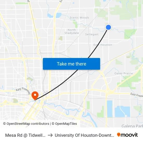 Mesa Rd @ Tidwell Rd to University Of Houston-Downtown map