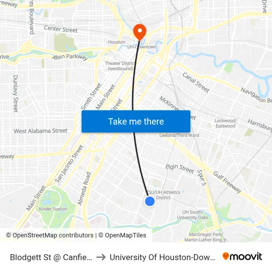 Blodgett St @ Canfield St to University Of Houston-Downtown map
