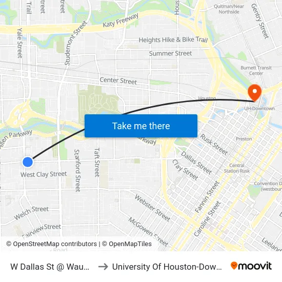 W Dallas St @ Waugh Dr to University Of Houston-Downtown map