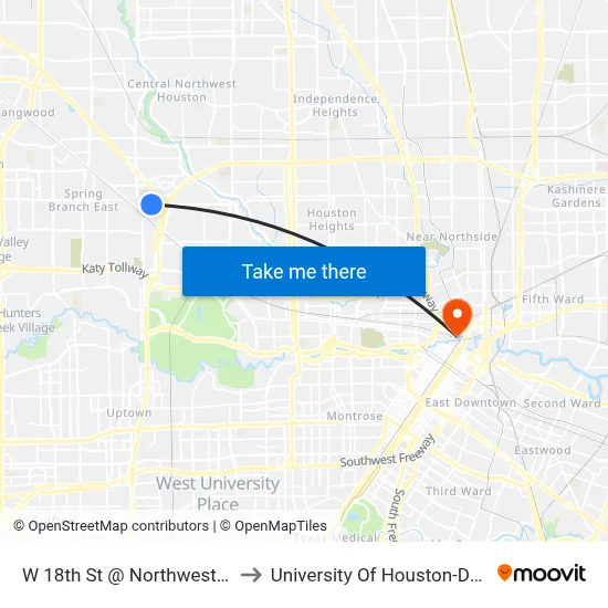W 18th St @ Northwest Fwy MB to University Of Houston-Downtown map