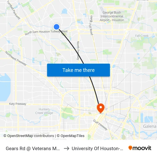 Gears Rd @ Veterans Memorial Dr to University Of Houston-Downtown map
