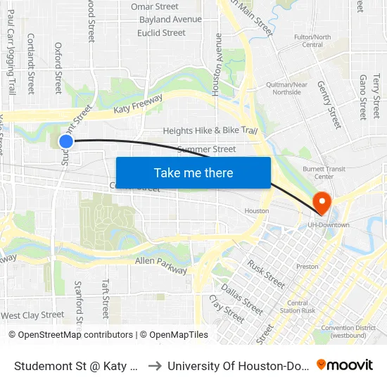 Studemont St @ Katy Fwy MB to University Of Houston-Downtown map