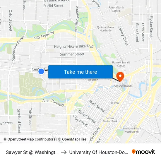 Sawyer St @ Washington Ave to University Of Houston-Downtown map