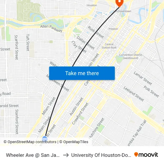 Wheeler Ave @ San Jacinto St to University Of Houston-Downtown map
