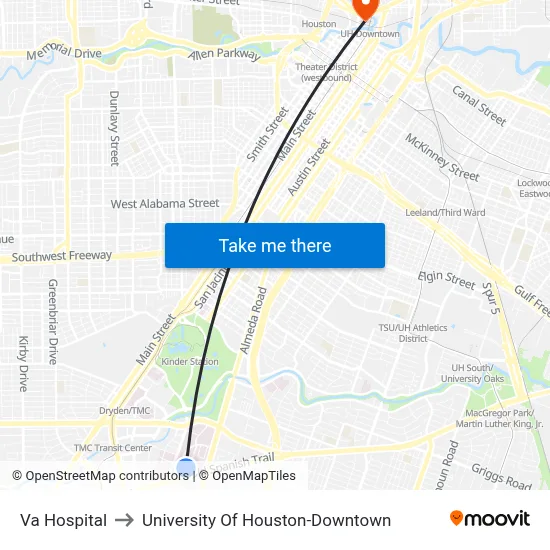 Va Hospital to University Of Houston-Downtown map