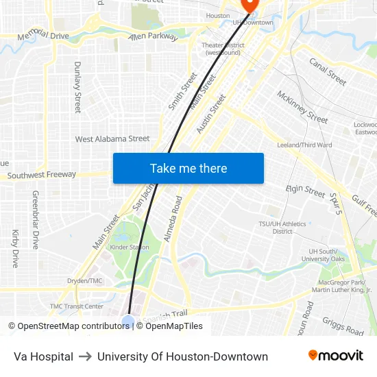 Va Hospital to University Of Houston-Downtown map