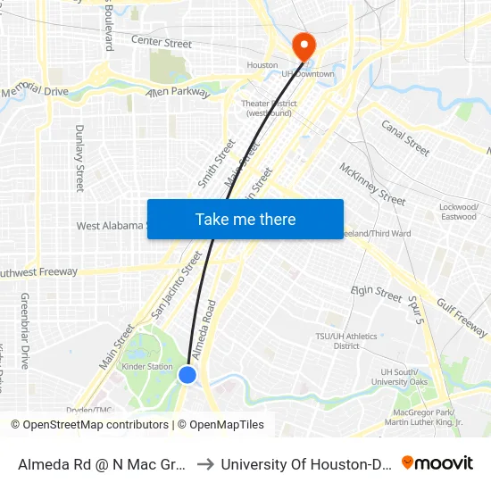 Almeda Rd @ N Mac Gregor Way to University Of Houston-Downtown map
