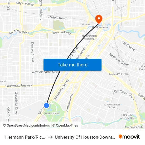 Hermann Park/Rice U to University Of Houston-Downtown map