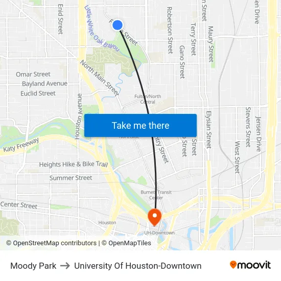 Moody Park to University Of Houston-Downtown map