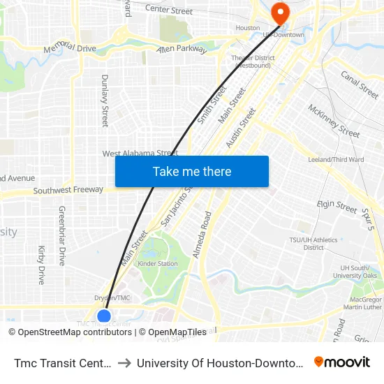 Tmc Transit Center to University Of Houston-Downtown map