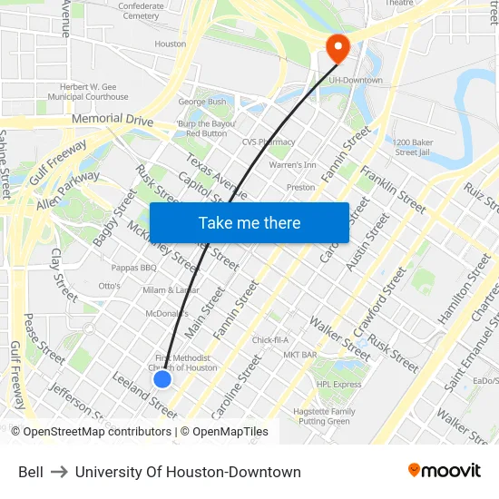 Bell to University Of Houston-Downtown map