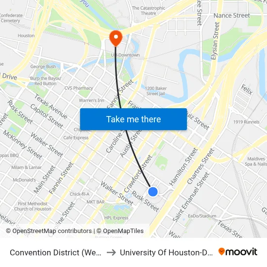 Convention District (Westbound) to University Of Houston-Downtown map