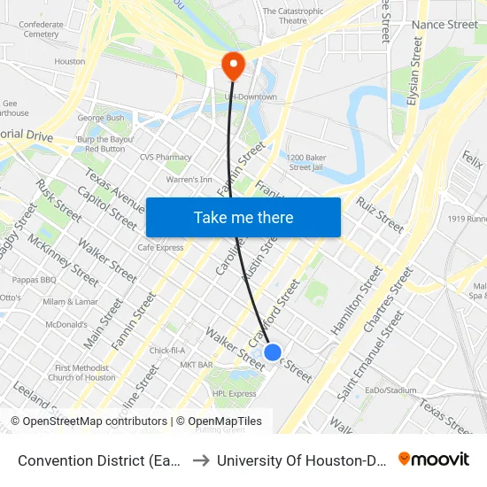 Convention District (Eastbound) to University Of Houston-Downtown map