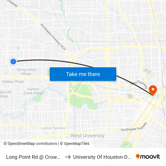 Long Point Rd @ Crownover Rd to University Of Houston-Downtown map