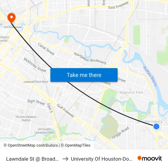 Lawndale St @ Broadway St to University Of Houston-Downtown map